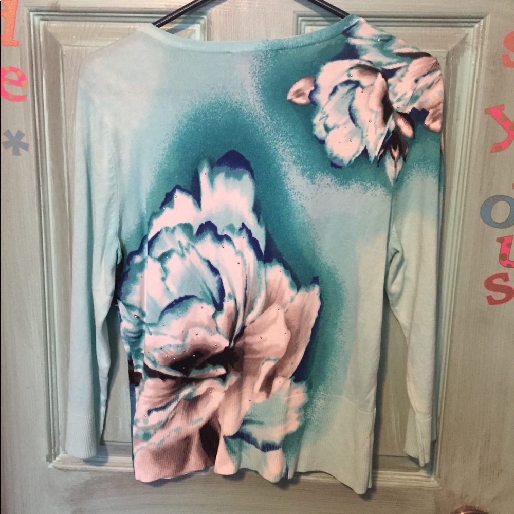 White House Black Market Aqua Teal Floral Cardigan - Picture 3 of 6